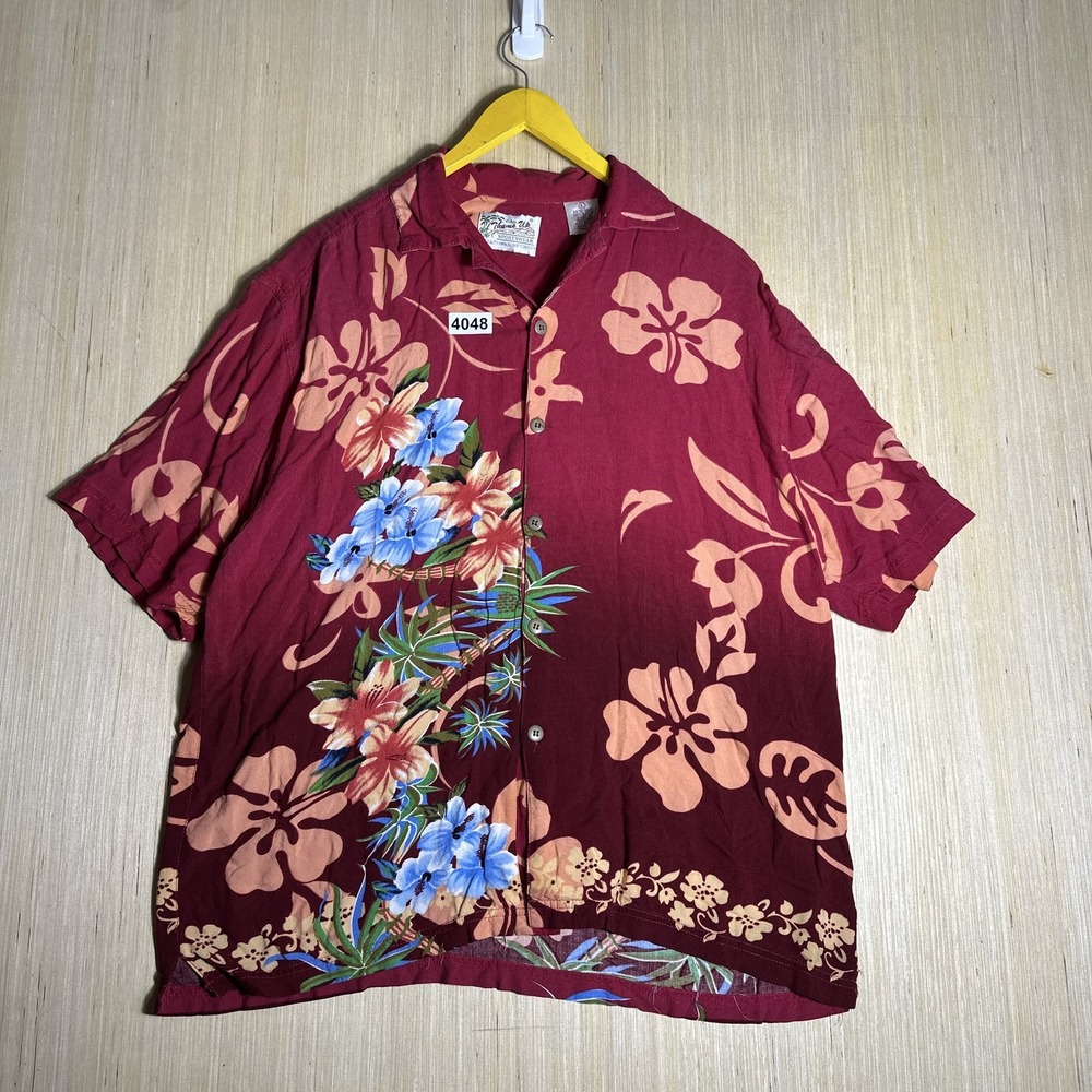 Vintage 90s Thumbs Up Hawaiian Shirt Red Floral Button Up Large Silk Men's